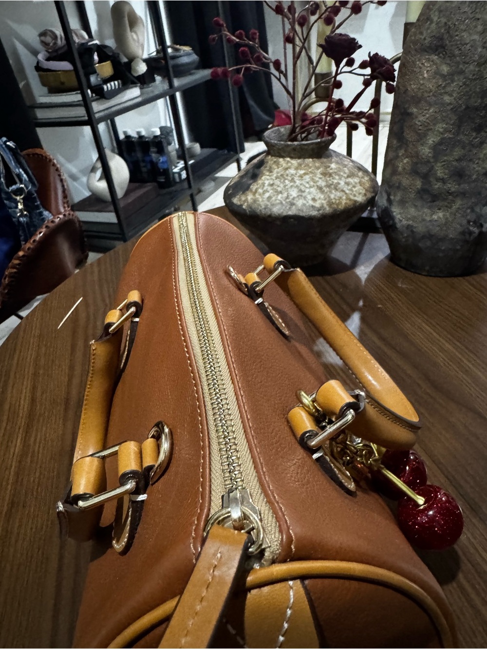 Dooney & Bourke Brown Leather Satchel with Cherry Charm - Picture 3 of 8